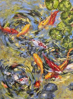 an oil painting of koi fish in a pond