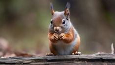 a close up of a squirrel on a log with its hands together and eyes open