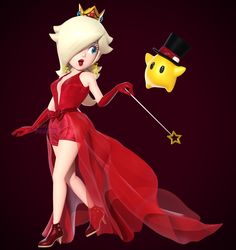 a woman in a red dress is holding a star and a wand with one hand