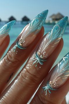 Beach Nails 2024 Water Nails Acrylic, Mermaid Nails Aesthetic, Blue Mermaid Nails, Blue Ocean Nails, Glass Nails Designs, Mermaid Nails Design, Avatar Nails, Siren Nails, Bedazzled Nails