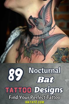 the back of a man's neck with tattoos on it and an image of a bat