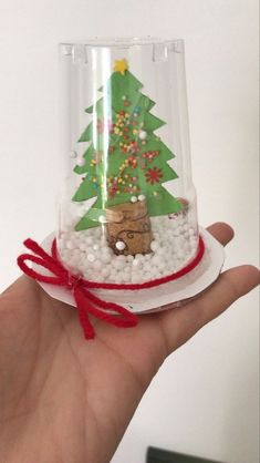 a hand holding a small glass container filled with snow and christmas tree decorations on it