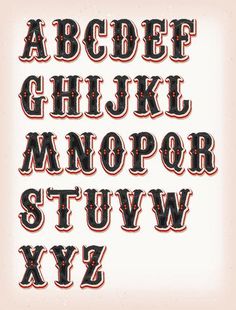 an old fashioned font with red and black letters