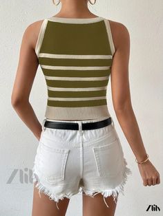 Zlily - Contemporary Striped Knitted Crop Tank Top: Y2K Sleeveless Fashion Essential for the Ultimate Summer Wardrobe – Womens Clothing Trendy Green Knit Sweater Vest, Casual Green Knit Vest, Green Crew Neck Vest For Summer, Casual Olive Knit Tops, Fitted Olive Sleeveless Top, Fitted Sleeveless Olive Top, Green Stretch Tank Top For Fall, Trendy Green Tank Top For Fall, Green Sleeveless Knit Top For Fall