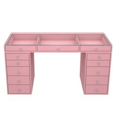 a pink desk with drawers on it