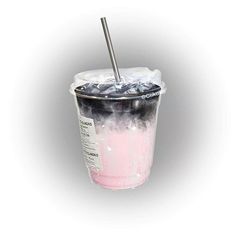 a pink and black drink in a plastic cup with a straw sticking out of it