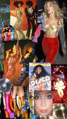 the collage shows various images of women in disco outfits