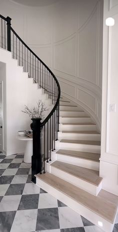 Curved Staircase Foyer, French Staircase, Circular Stairs, Staircase Railing Design, Checkerboard Floor, Entry Stairs, Staircase Remodel, Staircase Railings