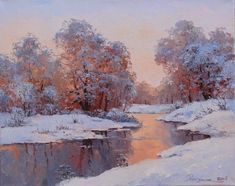 a painting of snow covered trees and water