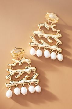 Dainty freshwater pearls delicately dangle from the Georgie Quinn Drop Earrings, adding a touch of timeless elegance and refined grace to every movement. | Corfu Earrings by Georgie Quinn in Gold, Women's, Gold/Plated Brass/Freshwater Pearl at Anthropologie Garden Party Dresses, Fall Tabletop Decor, Sundress Season, Anthropologie Earrings, Headpiece Jewelry, Garden Party Dress, Nordstrom Anniversary Sale, Corfu, Accessories Jewelry Earrings