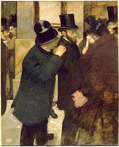 an oil painting of men in top hats and coats standing around talking to each other