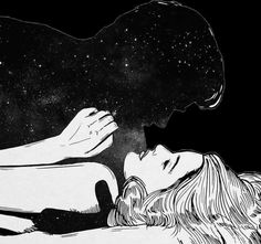 a woman laying on top of a bed under a star filled sky