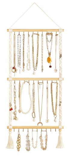 PRICES MAY VARY. cotton, wood Stylish Design: Wall hanging jewelry organizer is designed by using wooden sticks with hooks and cotton rope, filled with boho style,beautiful, pretty,sturdy and durable, suitable for any home decoration. Functional: Necklace display rack comes with 30 hooks to meet your daily use.The hooks are sturdy and durable. And the braided rope pattern on both sides can hair bow holder and hang earrings with fish hooks. Versatile Jewelry Organizer:The jewelry rack has enough Hanging Necklace Organizer, Wall Hanging Jewelry Organizer, Necklace Rack, Jewelry Storage Diy, Bow Organizer, Jewellery Holder, Jewelry Organizer Wall, Diy Jewelry Display, Diy Jewelry Holder