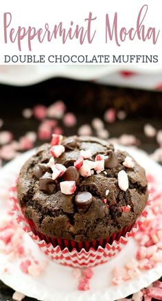 peppermint mocha double chocolate muffins on a plate