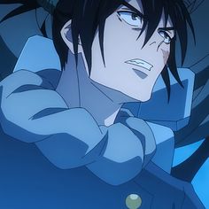 an anime character with black hair and blue eyes looking at something in the distance behind him