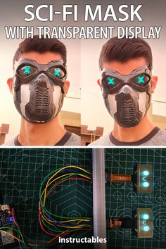 two pictures of a man wearing a sci - fi mask with transparente display on his face