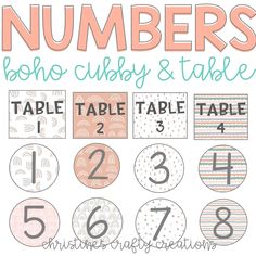 numbers and table numbers are shown in this printable poster