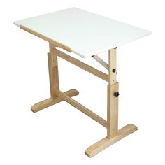 a wooden desk with a white top