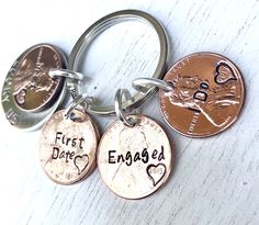 Personalized Penny Keychains - Natashaaloha, jewelry, bracelets, necklace, keychains, fishing lures, gifts for men, charms, personalized, Stamped Jewelry Ideas, Pennies Crafts, Metal Stamped Jewelry Diy, Penny Jewelry, Coin Crafts, Laser Engraved Metal, Us Penny, Hand Stamped Ring, Spoon Art