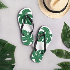 Tropical Summer Flip-Flops. Hawaiian Style Flip Flops. Black Rubber