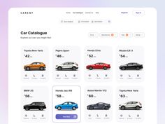 the car catalogue page is displayed on a computer screen, with cars in different colors and sizes