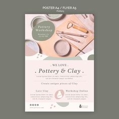 a poster for pottery workshop with scissors and other crafting supplies on it's side