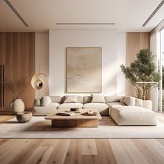 a modern living room with white furniture and wood flooring