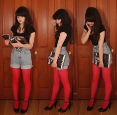 Outfits With Red Leggings, Shorts With Leggings Outfit, Fun Tights Outfit, Red Tights Aesthetic, Pink Tights Outfit, Tights Under Shorts, Shorts With Tights Outfit, Colorful Tights Outfit, Shorts And Tights Outfit