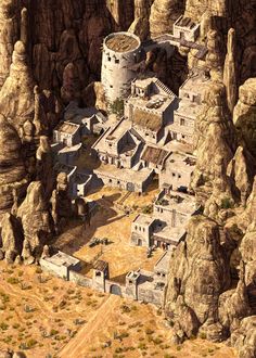 an artist's rendering of a desert town in the middle of some rocky terrain