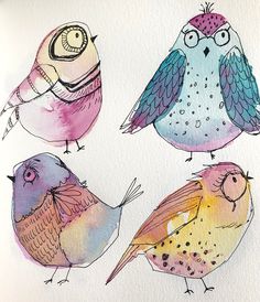 three birds are painted in different colors and sizes, one is pink, the other is blue