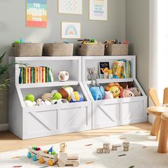 a child's playroom with toys and books