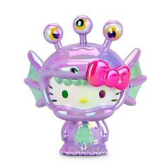 a hello kitty figurine is shown in purple and green with pink bows on it's head