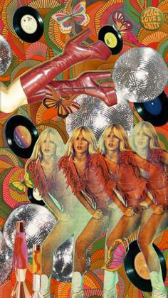 a collage of women dancing with disco balls and vinyl records in the foreground