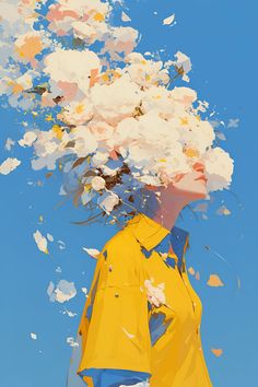 a woman with flowers on her head in front of a blue sky and white clouds