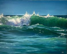 an oil painting of a wave crashing on the ocean with blue sky in the background