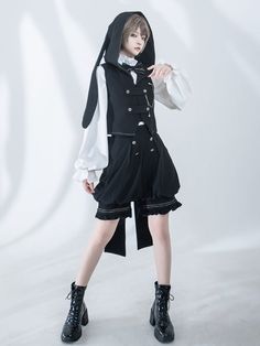 Black Oversized Bunny Ears Hooded Ouji Waistcoat Persona Outfits, Gothic Suit, Frilled Shirt, Princess Chronicles, Pumpkin Pants, Ouji Fashion, Watch Accessory, Pants Elegant, Hooded Cloak