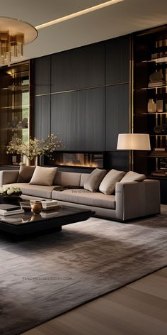 a living room with a couch, coffee table and lamps