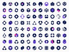 a large collection of geometric shapes in purple and blue colors, all with different sizes