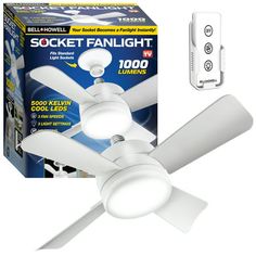 a white ceiling fan next to a box of light bulbs and a remote control unit