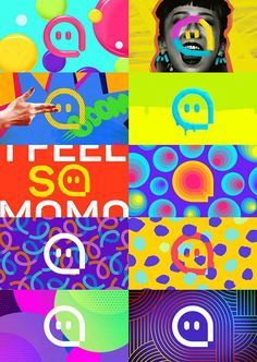 the collage has different colors and shapes on it, including text that reads i feel so momo