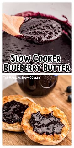 blueberry butter is being spooned over the top of two cookies