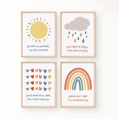 four cards with different sayings on them, each featuring an image of a rainbow