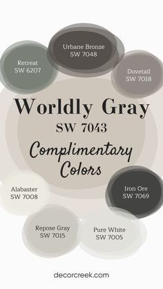 A complementary color palette for Worldly Gray SW 7043 by Sherwin-Williams is shown with labeled swatches. The colors include Urbane Bronze, Retreat, Dovetail, Iron Ore, Alabaster, Repose Gray, and Pure White. The palette features a mix of soft neutrals, deep earth tones, and balanced grays that complement the muted gray shade of Worldly Gray. Sherwin Williams Gray Color Scheme, Requisite Gray Sherwin Williams Coordinating Colors, Worldly Gray Bathroom, Worldly Gray Sherwin Williams Coordinating Colors, Worldly Gray Sherwin Williams Bedrooms, Sw Anew Gray Coordinating Colors, Repose Gray Complimentary Colors, Dorian Gray Color Palette, Worldly Gray Sherwin Williams Palette