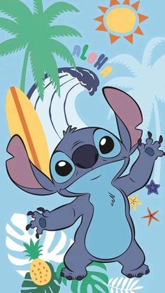 an image of a cartoon character with a surfboard in his hand and palm trees behind him