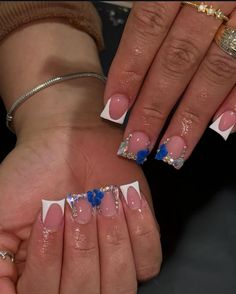 Blue Junk Nails, Blue Nails With Charms, Short Acrylic Nails Blue, Knotless Hairstyle, Blue Nail Ideas, Black Acrylic Nails, Duck Nails