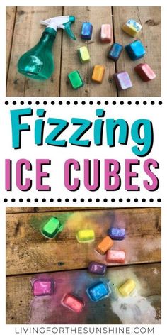 some ice cubes are sitting on top of a wooden table with the words fizzing