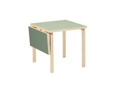 Aalto Table Foldable by Artek - Top: Pistachio Linoleum / Drop Leaf: Olive Linoleum Bending Wood, Copenhagen Furniture, How To Bend Wood, Sliding Mechanism, Table Foldable, Foldable Desk, Outdoor Side Tables, Foldable Table, Versatile Furniture