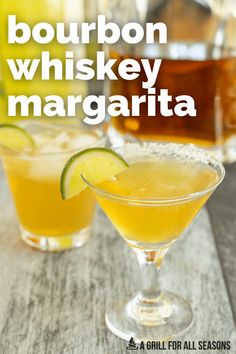 bourbon whiskey margarita with lime garnish in the foreground and two glasses filled with it