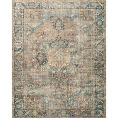 an antique style rug with blue, orange and beige colors