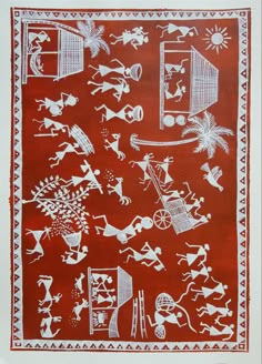 an old red and white cloth with various designs on the fabric, including people and animals